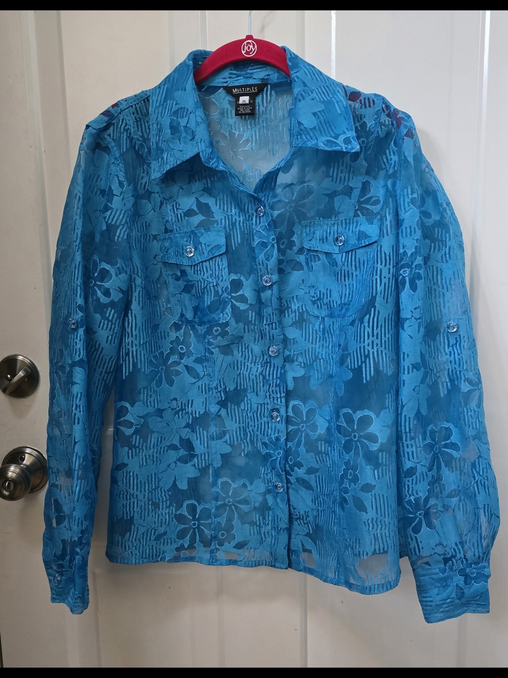 Multiples Blue Floral Sheer Button-Up Shirt Size Medium-EUC